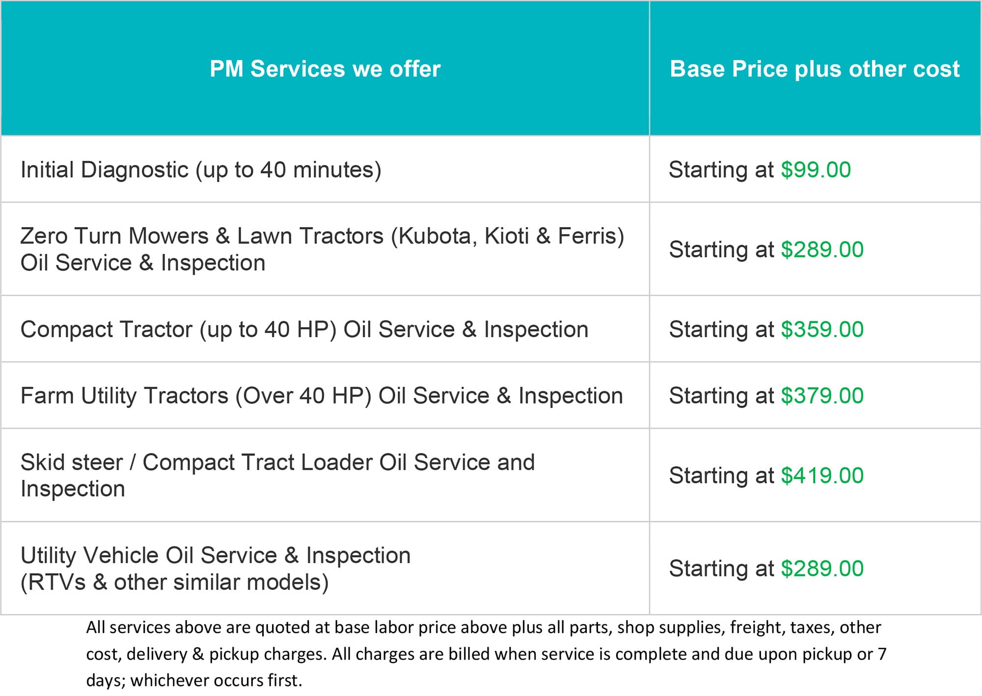 2026 Service Pricing